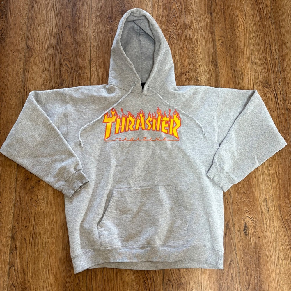 Thrasher‎ Magazine Flame Logo Hoodie Mens M Gray Skate Pullover Sweatshirt y2k